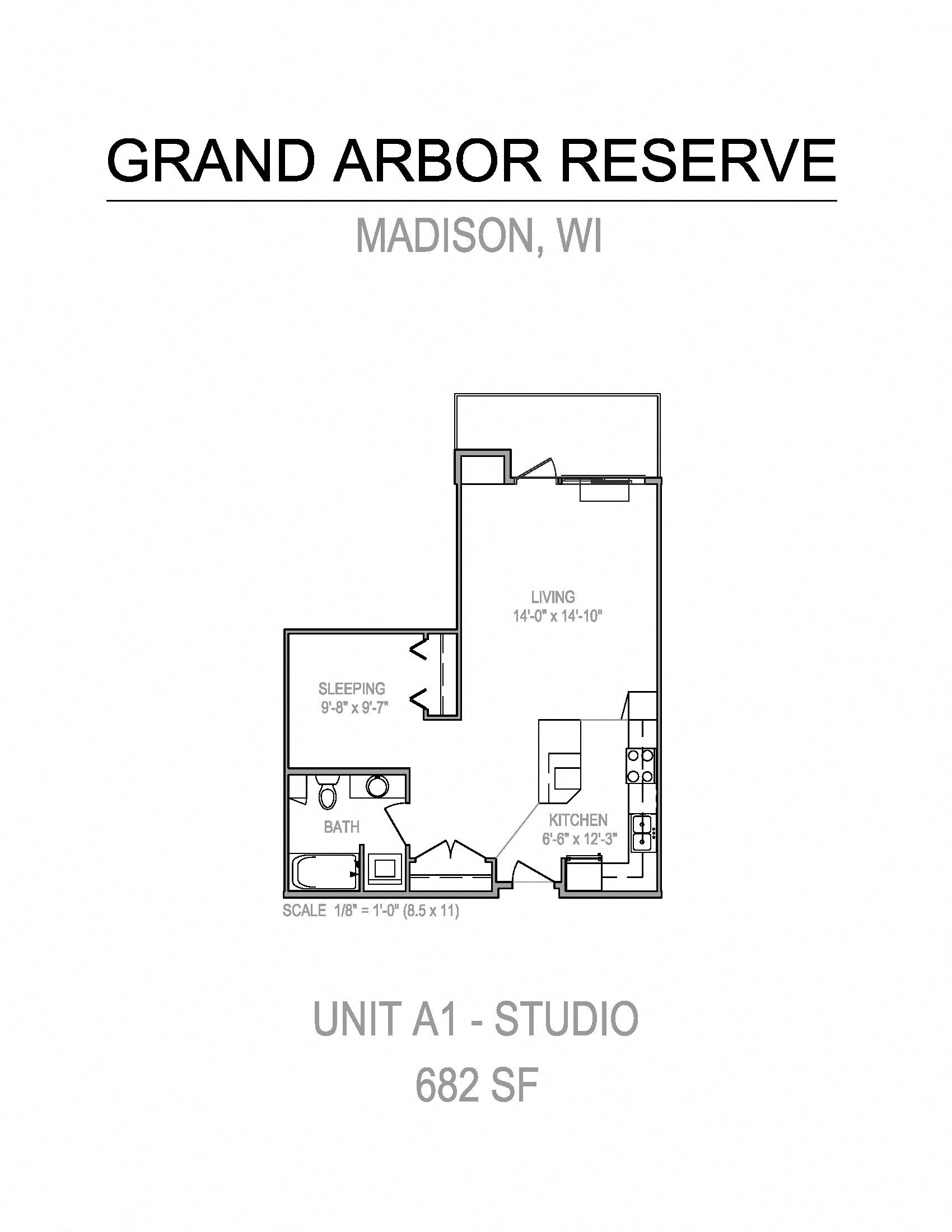 Floor plan for studio, 1 bath, 682 sqft